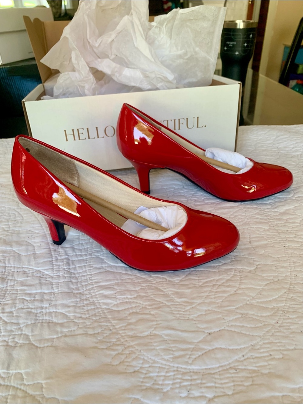 LifeStride “Parigi” Classic Fire Red Patent Mid-Heel Pumps